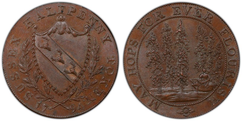 Kent, Lamberhurst copper 1/2 Penny Token 1794 MS65 Brown PCGS, D&H-34. Coat of a...