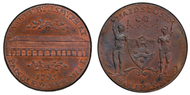 Kent, Maidstone copper 1/2 Penny Token 1795 MS64+ Brown PCGS, D&H-37. Edge: Mill...