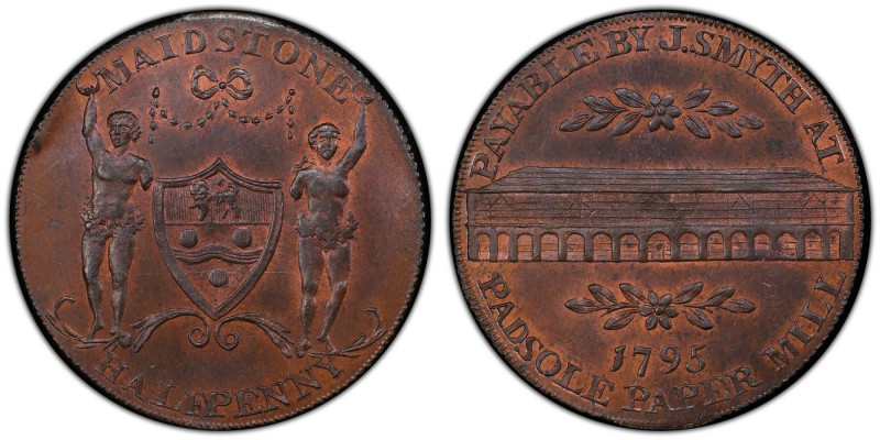 Kent, Maidstone copper 1/2 Penny Token 1795 MS64 Brown PCGS, D&H-37. Shield of a...