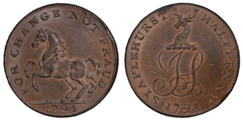 Kent, Staplehurst copper 1/2 Penny Token 1794 MS63 Brown PCGS, D&H-40. IS monogr...