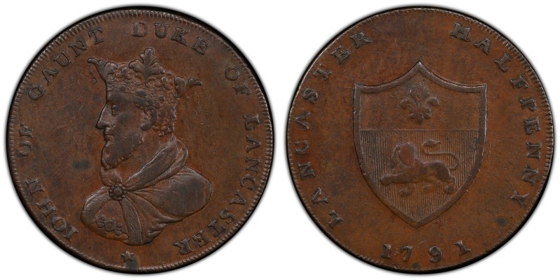 Lancashire, Lancaster copper 1/2 Penny Token 1791 AU53 Brown PCGS, D&H-9. JOHN O...