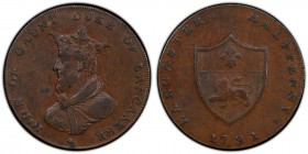 Lancashire, Lancaster copper 1/2 Penny Token 1791 AU53 Brown PCGS, D&H-9. JOHN OF GAUNT DUKE OF LANCASTER. Crowned bust left / LANCASTER HALFPENNY. Co...