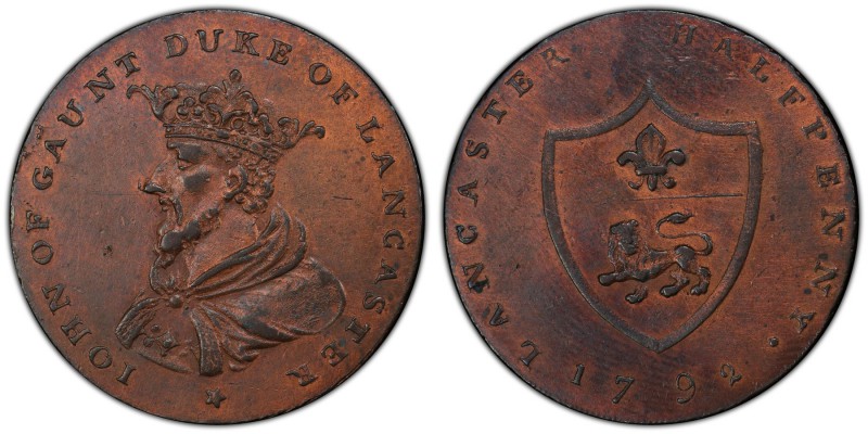 Lancashire, Lancaster copper 1/2 Penny Token 1792 MS63 Red and Brown PCGS, D&H-2...