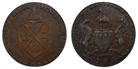 Lancashire, Manchester copper 1/2 Penny Token 1793 AU50 Brown PCGS, D&H-129. MANCHESTER PROMISSORY HALFPENNY. Grocer's arms and supporters / PAYABLE A...