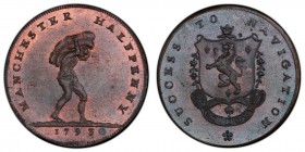 Lancashire, Manchester copper 1/2 Penny Token 1793 MS64 Brown PCGS, D&H-135e. Edge: Engrailed. MANCHESTER HALFPENNY. Porter carrying pack / SUCCESS TO...