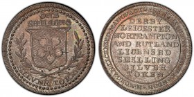 Leicestershire silver Shilling ND (c. 1810) MS63 PCGS, Dalton-1. ONE SHILLING SILVER TOKEN. Banner with flower, laurel wreaths below / DERBY LEICESTER...