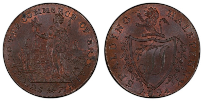 Lincolnshire, Spalding copper 1/2 Penny Token 1794 MS65 Brown PCGS, D&H-5. SUCCE...