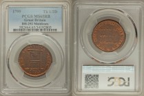 Middlesex copper 1/2 Penny Token 1795 MS65 Red and Brown PCGS, D&H-292. Edge: Plain. BIRMINGHAM THEATRE. Front view of Birmingham Theatre, date below ...