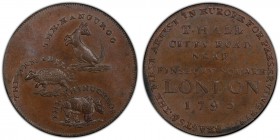 Middlesex, Hall's copper 1/2 Penny Token 1795 MS63 Brown PCGS, D&H-313. Kangaroo, armadillo and rhinoceros / Inscription.

HID09801242017