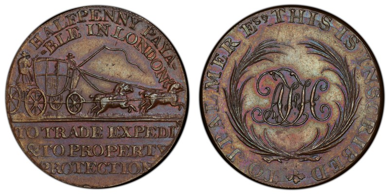 Middlesex copper "Mail Coach" 1/2 Penny Token ND (18th Century) MS62 Brown PCGS,...