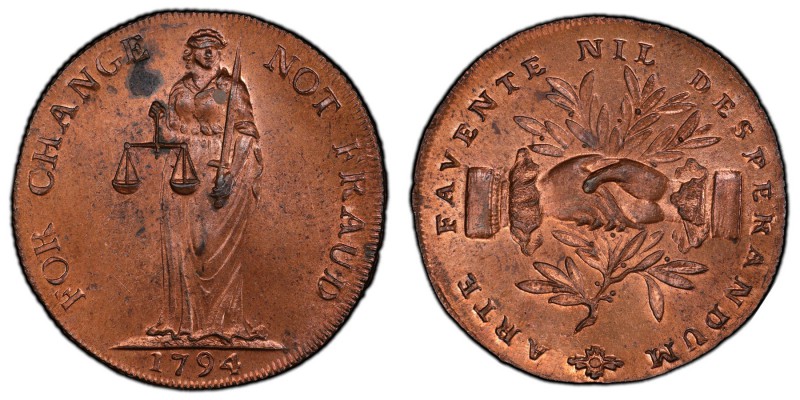 Staffordshire, Leek copper 1/2 Penny Token 1794 MS63 Red and Brown PCGS, D&H-17....