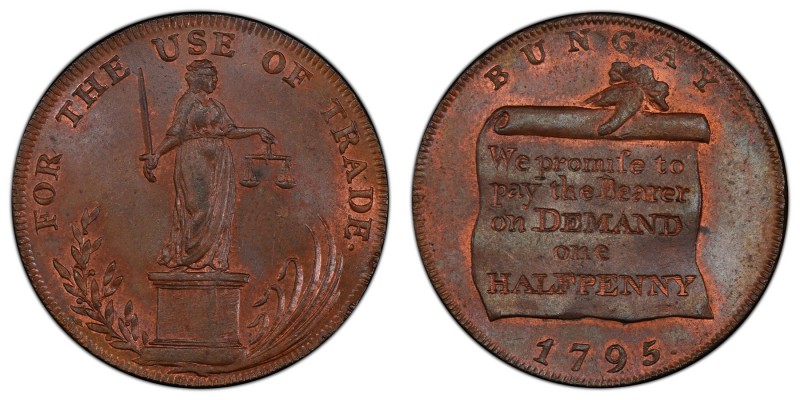 Suffolk, Bungay copper 1/2 Penny Token 1795 MS65 Brown PCGS, D&H-21. Edge: "S. P...