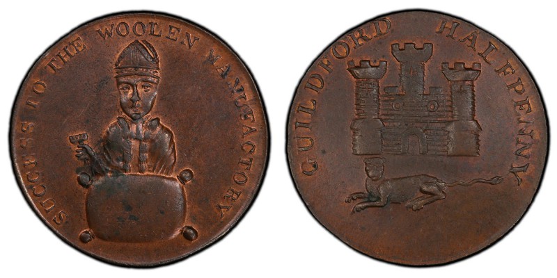 Surrey, Guildford copper 1/2 Penny Token ND (1790s) MS63 Brown PCGS, D&H-9. Edge...