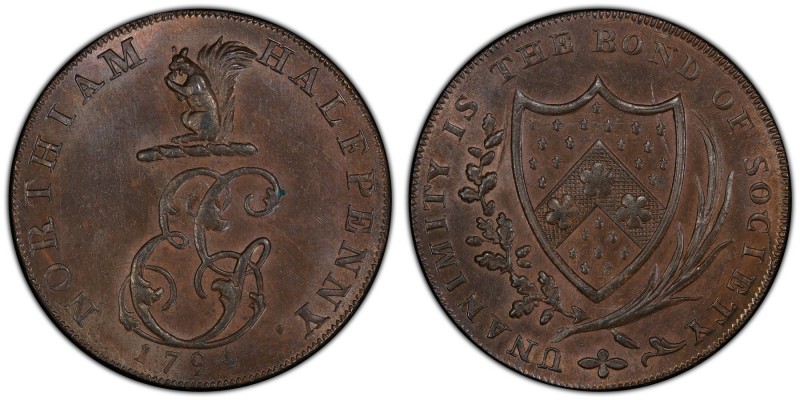 Sussex, Northiam copper 1/2 Penny Token 1794 MS63 Brown PCGS, D&H-35, Conder p.1...