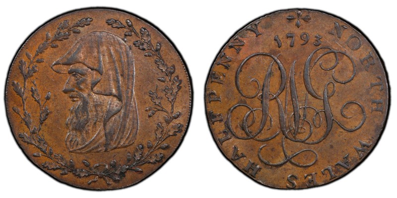 Wales, North Wales copper 1/2 Penny Token 1793 AU58 Brown PCGS, D&H-1b. Druid's ...