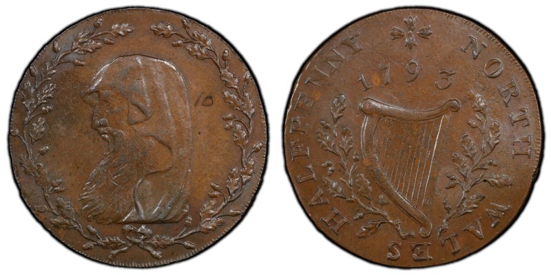 Wales, North Wales copper 1/2 Penny Token 1793 MS63 Brown PCGS, D&H-11. Edge: PA...