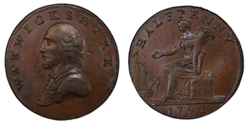 Warwickshire, County copper 1/2 Penny Token 1791 MS63 Brown PCGS, D&H-46. WARWIC...