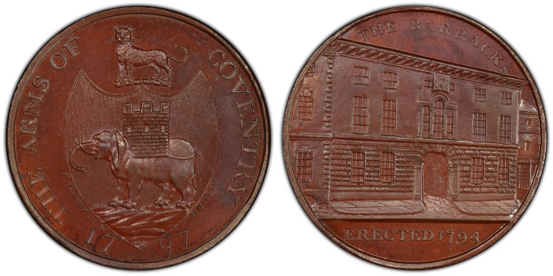 Warwickshire, Coventry copper 1/2 Penny Token 1797 MS64 Brown PCGS, D&H-284. ARM...