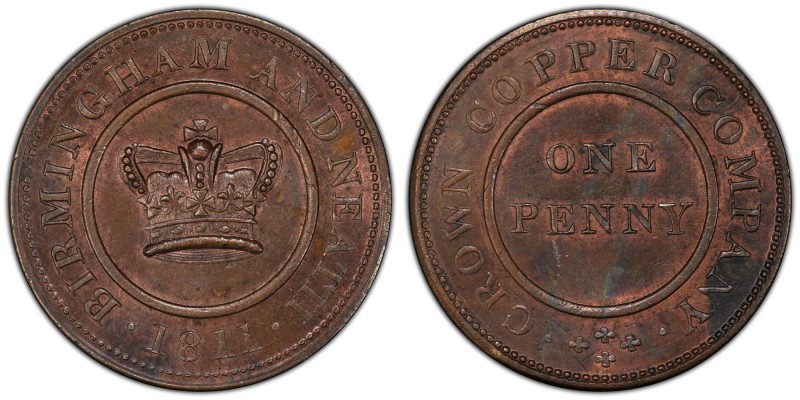 Warwickshire, Birmingham and Neath copper Penny Token 1811 MS63 Brown PCGS, Davi...