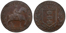 Yorkshire, Hull copper 1/2 Penny Token 1791 MS62 Brown PCGS, D&H-19. Equestrian statue of William III, GULIELMUS TERTIUS REX. around, MDCLXXXIX in exe...