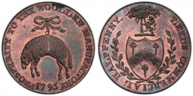 Yorkshire, Leeds copper 1/2 Penny Token 1795 MS64 Red and Brown PCGS, D&H 28. Edge: PAYABLE BY SAMUEL BIRCHALL. Hanging fleece, PROSPERITY TO THE WOOL...
