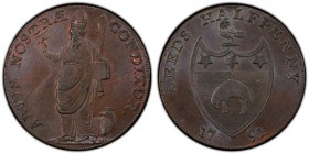 Yorkshire, Leeds copper 1/2 Penny Token 1791 MS65 Brown PCGS, D&H-45. ARTIS NOSTRAE CONDITOR. A whole-length figure of Bishop Blaze and a lamb / LEEDS...