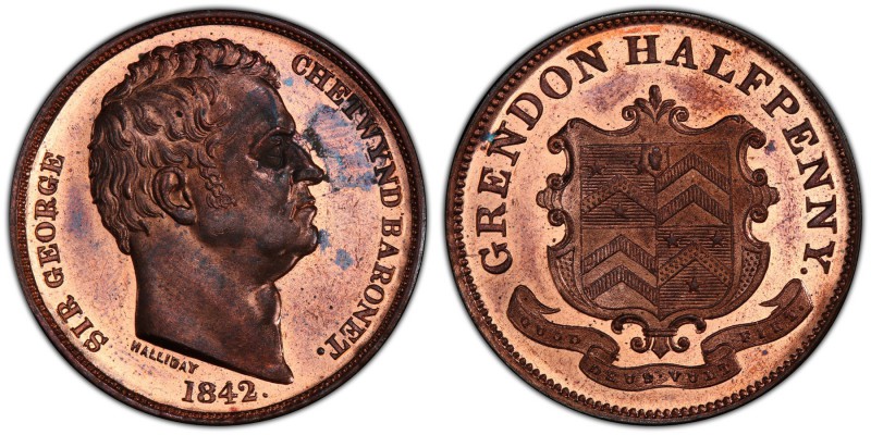 "Sir George Chetwynd Grendon" copper 1/2 Penny Token 1842 MS64 Red and Brown PCG...