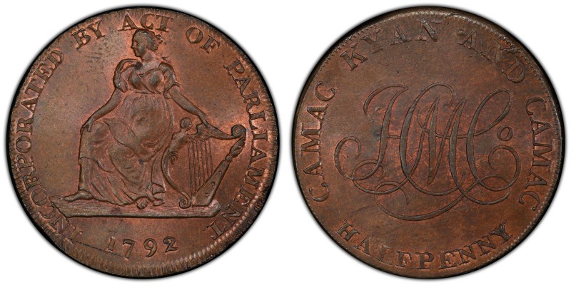 Dublin, Camac Kyan and Camac copper 1/2 Penny Token 1792 MS65+ Brown PCGS, D&H-4...