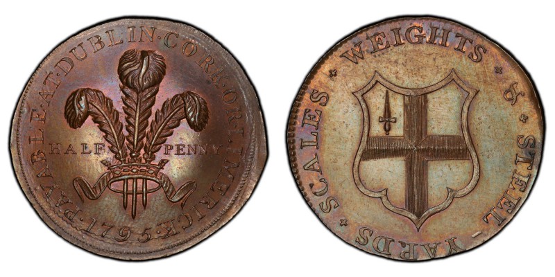 Dublin, H.S. & Co. copper 1/2 Penny Token 1795 MS64 Brown PCGS, D&H-326. The Pri...
