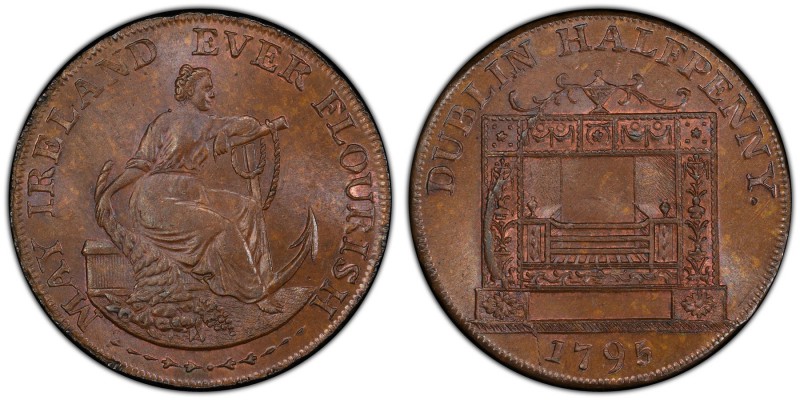 Dublin, Parker's copper 1/2 Penny Token 1795 MS65 Brown PCGS, D&H-352b. Female s...