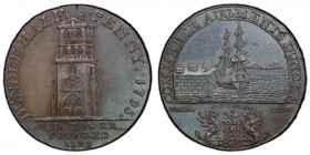 Angusshire, Dundee copper 1/2 Penny Token 1795 AU58 PCGS, D&H-10, Conder p.11, 4, Atkins p.295, 7. Edge: PAYABLE AT THE WAREHOUSE OF ALEXR. MOLISON . ...