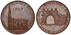 Angusshire, Dundee copper 1/2 Penny Token 1797 MS63 Brown PCGS, D&H-21. Edge: THE WAREHOUSE OF ALEXR. SWAP & CO. DUNDEE HALFPENNY// ST ANDREW'S CHURCH...
