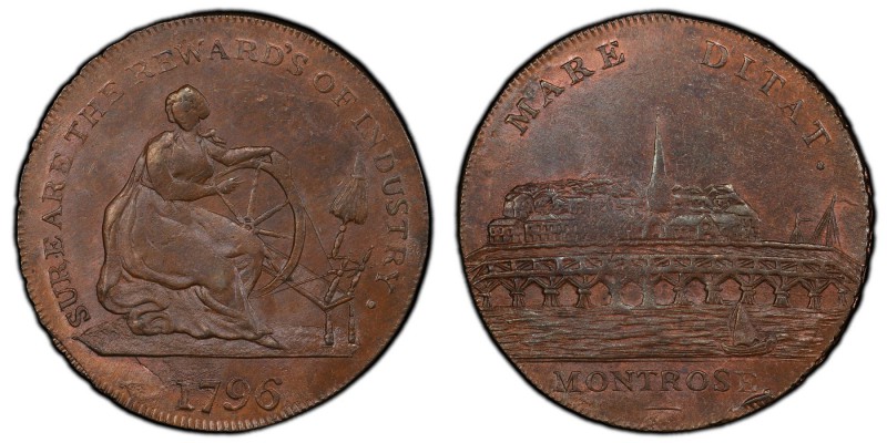 Angusshire, Montrose copper 1/2 Penny Token 1796 MS63 Brown PCGS, D&H-28. Seated...