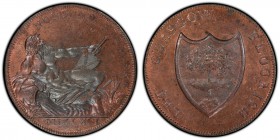 Lanarkshire, Glasgow copper 1/2 Penny Token 1791 MS64 Red and Brown PCGS, D&H-2. Edge: PAYABLE AT THE HOSUE OF GILBERT SHEARER & CO. River god reclini...
