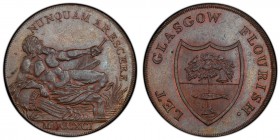 Lanarkshire, Glasgow copper 1/2 Penny Token 1791 AU58 Brown PCGS, D&H-3a. Edge: CAMBRIDGE BEDFORD AND HUNTINGDON. LET GLASGOW FLOURISH. The arms of Gl...