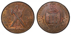 Lothian, Edinburgh copper 1/2 Penny Token 1792 MS64 Red and Brown PCGS, D&H-44, Atkins p.313, 35. Edge: PAYABLE AT THE WAREHOUSE OF THOS. & ALEXR. HUT...