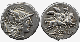 Roman Republic C. Terentius Lucanus. 147 BC. AR Denarius 3.81 g,. Rome mint. Helmeted head of Roma right; behind, Victory standing right, holding wrea...