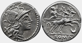 Roman Republic Anonymous , 143 BC. AR Denarius. 3,30 g, Rome mint , Helmeted head of Roma to right; X behind / Diana driving biga of stags to right; c...