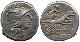 Roman Republic C. Titinius. 141 BC. AR Denarius 3,77 g, Rome mint. Helmeted head of Roma right; XVI (mark of value) behind / Victory driving galloping...