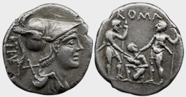 Roman Republic Ti. Veturius. 137 BC. AR Denarius 3.86 g. Helmeted and draped bust of Mars right / Youth kneeling left, looking right, between two warr...