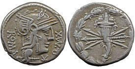 Roman Republic Q. Fabius Maximus. 127 BC. AR Denarius , 3.91 g. Rome mint. Helmeted head of Roma right, with star on flap; mark of value below chin / ...