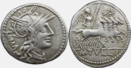 Roman Republic M. Tullius. 119 BC. AR Denarius 3.90 g. Rome mint. Helmeted head of Roma right / Victory, holding palm frond and reins, driving gallopi...