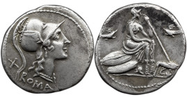 Roman Republic Anonymous. 115-114 BC. AR Denarius , 3.82 g, Unmarked series. Rome mint. Helmeted head of Roma right; X (mark of value) to left / Roma ...