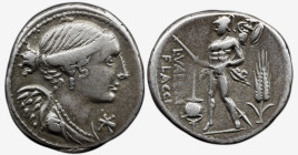 Roman Republic L. Valerius Flaccus. 108-107 BC. AR Denarius , 3.88 g, Rome mint. Winged and draped bust of Victory right; mark of value below chin / M...