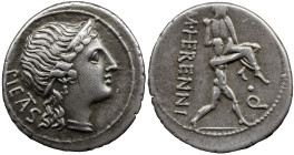 Roman Republic M. HERENNIUS. (108-107 BC). AR Denarius , 3.88 g, Rome mint PIETAS. Diademed head of Pietas right. M HERENNI. One of the Catanaean brot...
