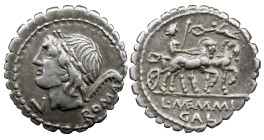 Roman Republic L. Memmius Galeria. 106 BC. AR Serrate Denarius 4,00 g. Rome mint. Laureate head of Saturn left; harpa to right / Venus, holding scepte...
