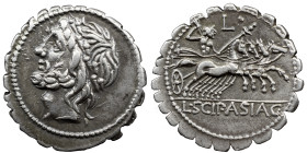 Roman Republic L. Cornelius Scipio Asiaticus. 106 BC. AR Serrate Denarius 3.97 g. Rome mint. Laureate head of Jupiter left / Jupiter driving quadriga ...