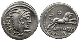 Roman Republic L. Thorius Balbus. 105 BC. AR Denarius , 3.99 g. Rome mint. Head of Juno Sospita right, wearing goat-skin headdress / Bull charging rig...