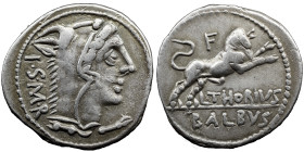 Roman Republic L. Thorius Balbus. 105 BC. AR Denarius , 3.99 g. Rome mint. Head of Juno Sospita right, wearing goat-skin headdress / Bull charging rig...