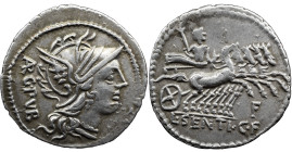 Roman Republic L. Sentius C.f. 101 BC. AR Denarius 3.83 g. Helmeted head of Roma right; ARG. PVB behind / Jupiter in quadriga right; H below, L. SENTI...